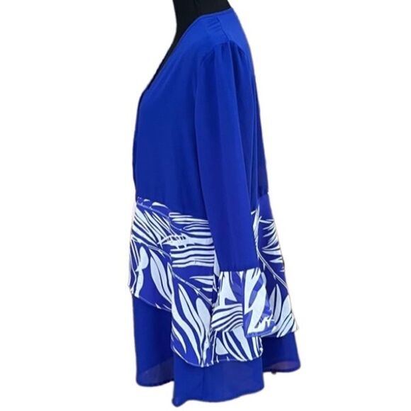 EY Boutique royal blue/white semi sheer open front tunic, ruffled sleeves sz XL - Picture 3 of 6